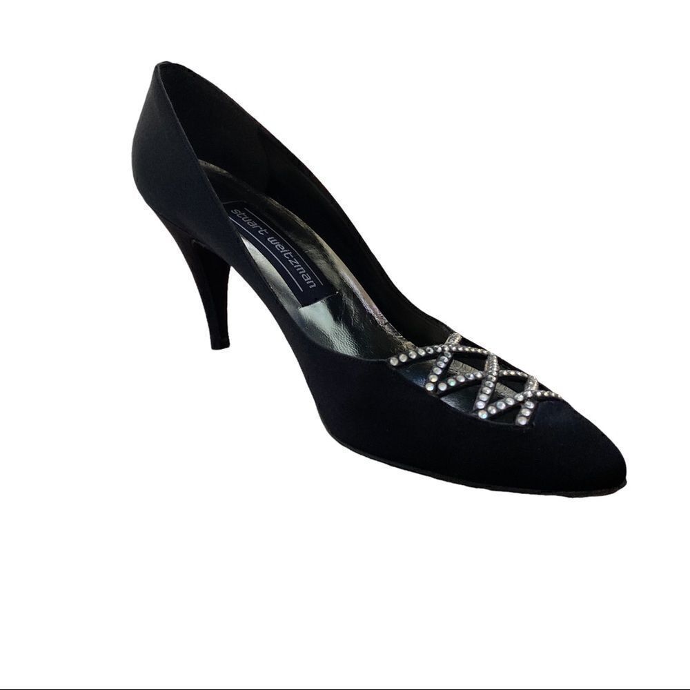 Women's Evening Stuart Weitzman Black Satin Rhinestone Pump Size 7